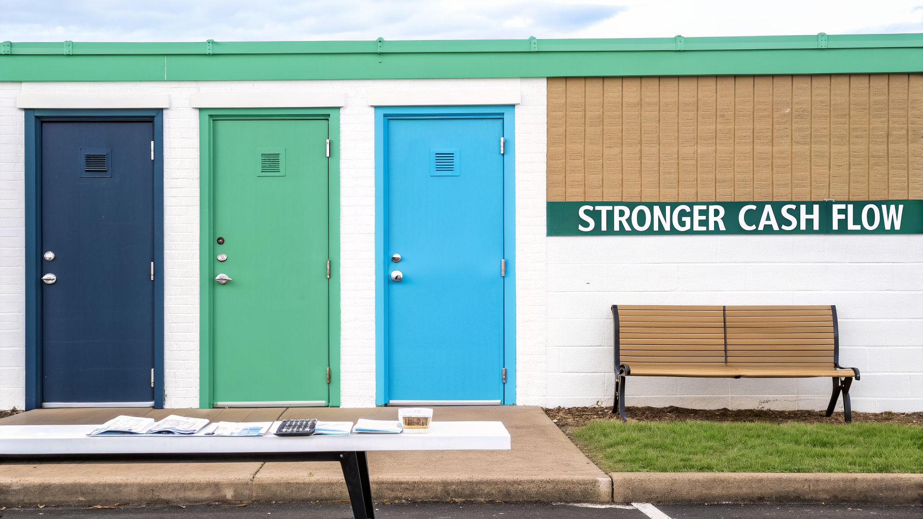 Three colorful doors on a building, with a 'STRONGER CASH FLOW' sign and a white table in front.