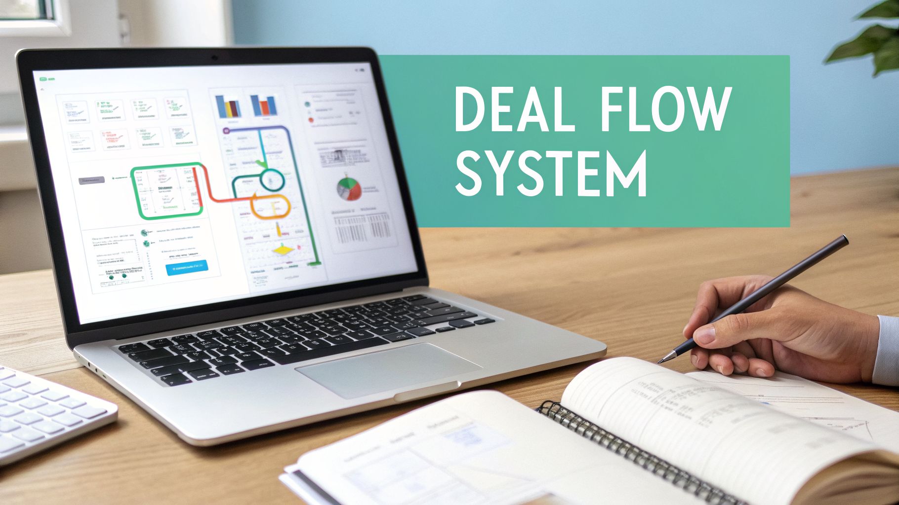 A laptop screen displays a 'Deal Flow System' diagram while a person takes notes.