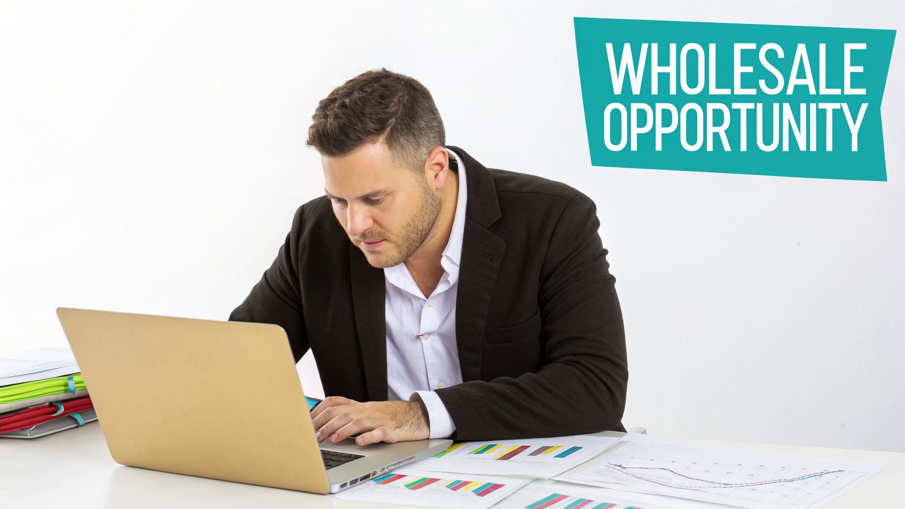Man focused on a laptop with business charts and documents, under a 'Wholesale Opportunity' banner.
