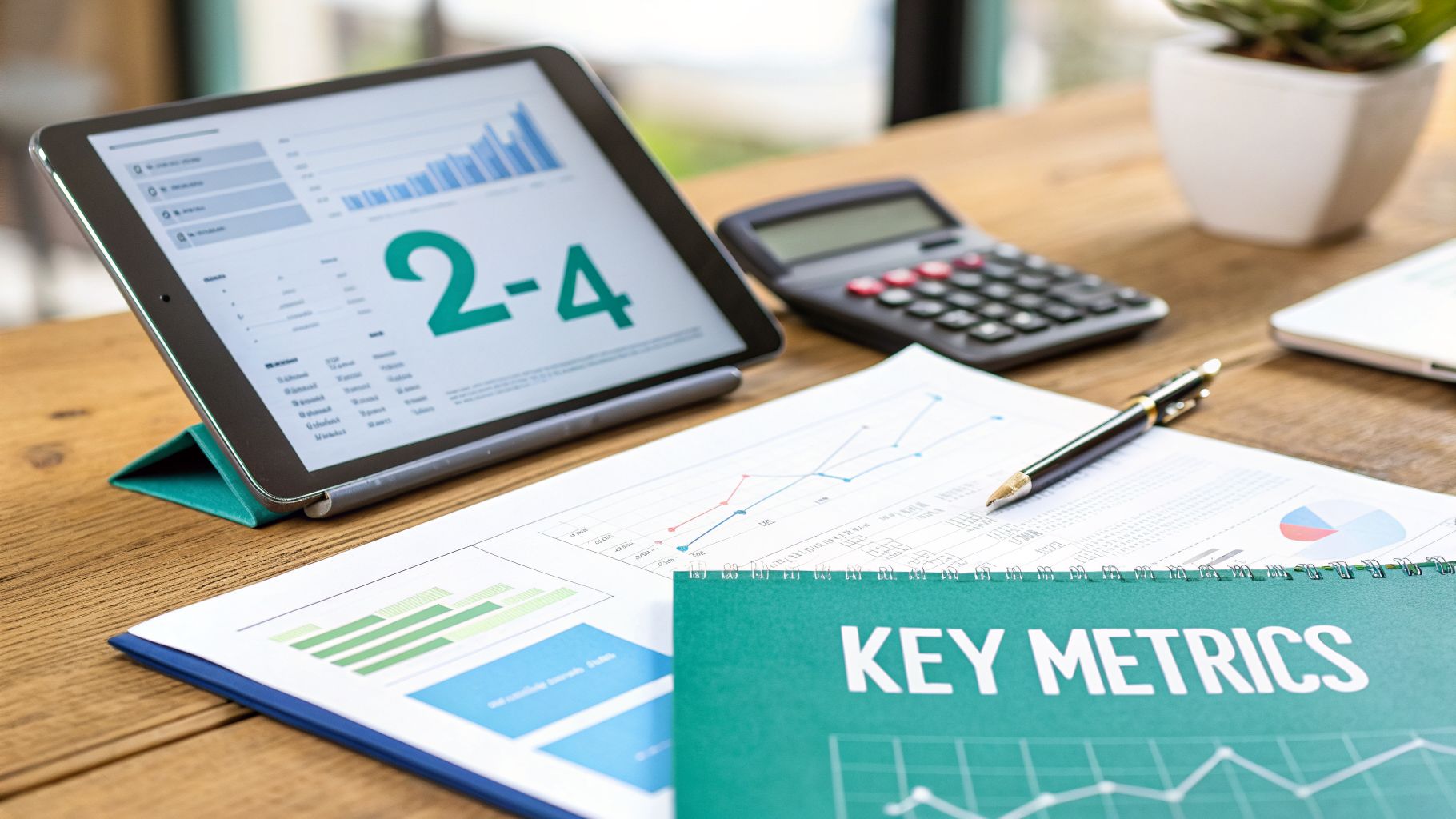 A wooden desk setup with a tablet displaying data, calculator, financial charts, and a 'KEY METRICS' notebook.