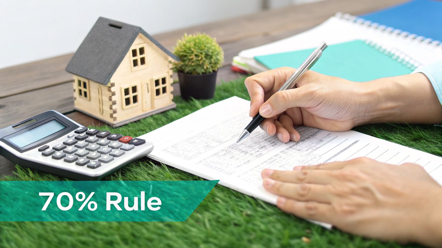 A person calculates real estate finances with a calculator, house model, and '70% Rule' visible.