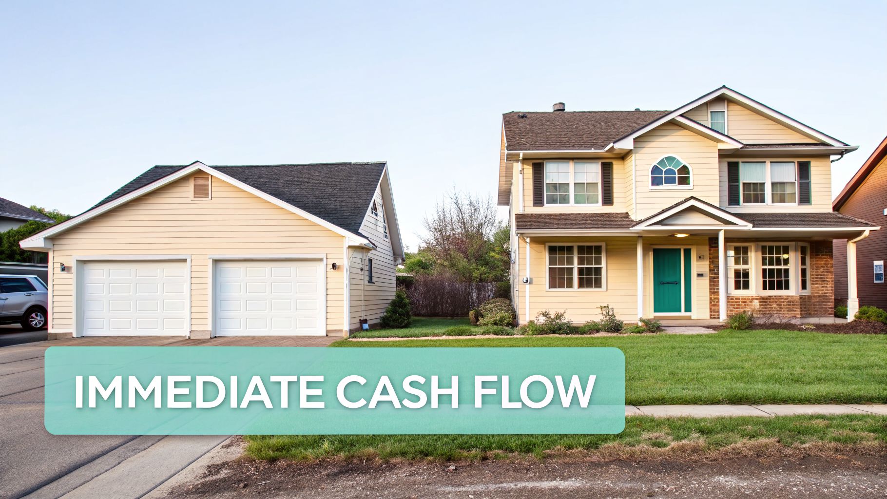 A residential house with a detached garage and a prominent 'IMMEDIATE CASH FLOW' text overlay.