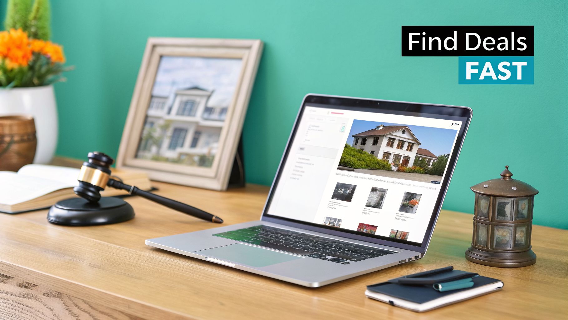 A laptop displaying a house listing next to a gavel, symbolizing real estate deals and auctions.