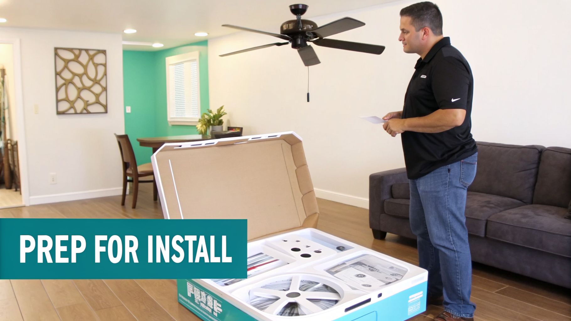 Man reviewing documents next to an unboxed installation kit in a room with a ceiling fan.