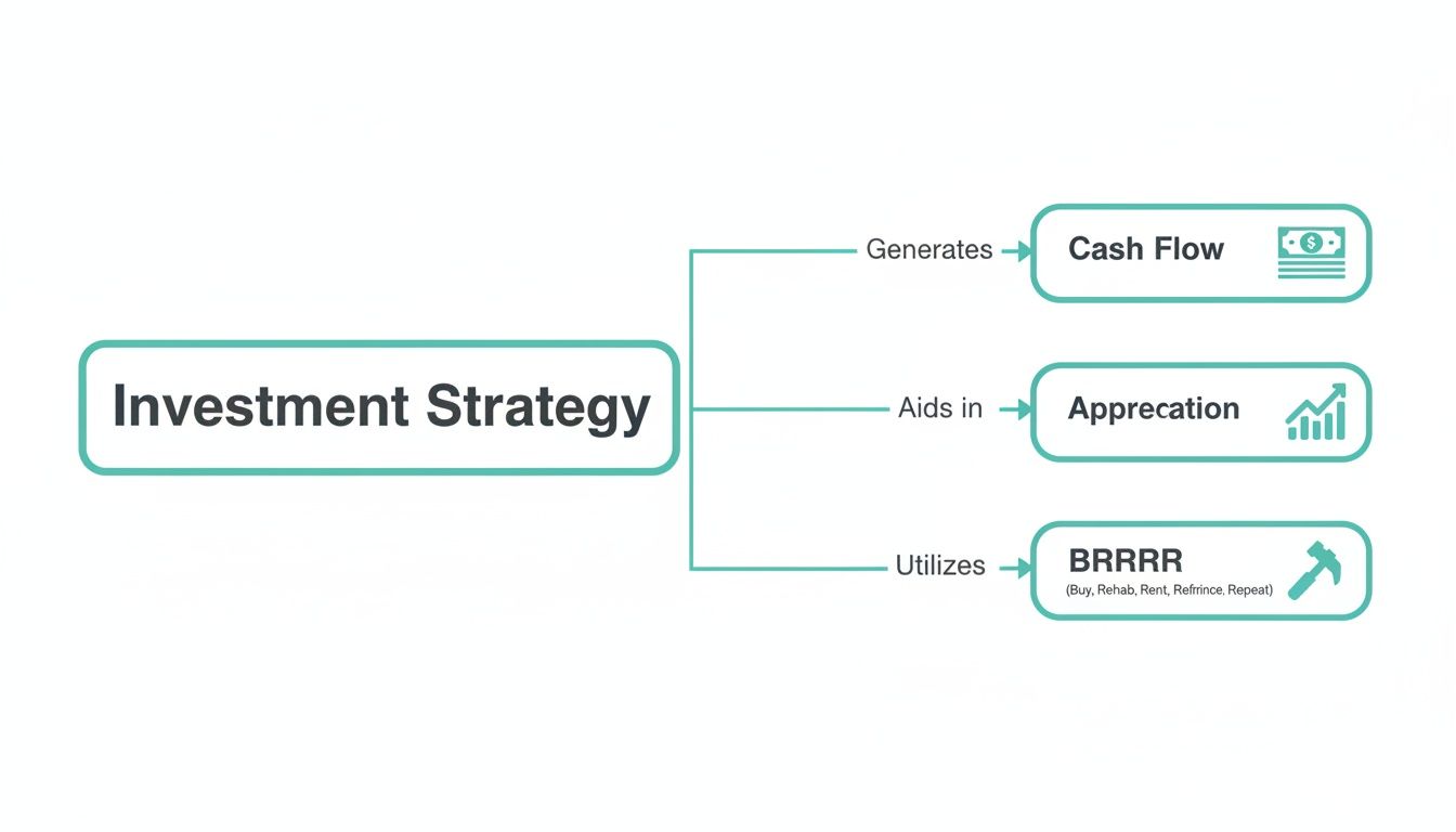 Mind map illustrating investment strategy leading to cash flow, appreciation, and the BRRRR method.