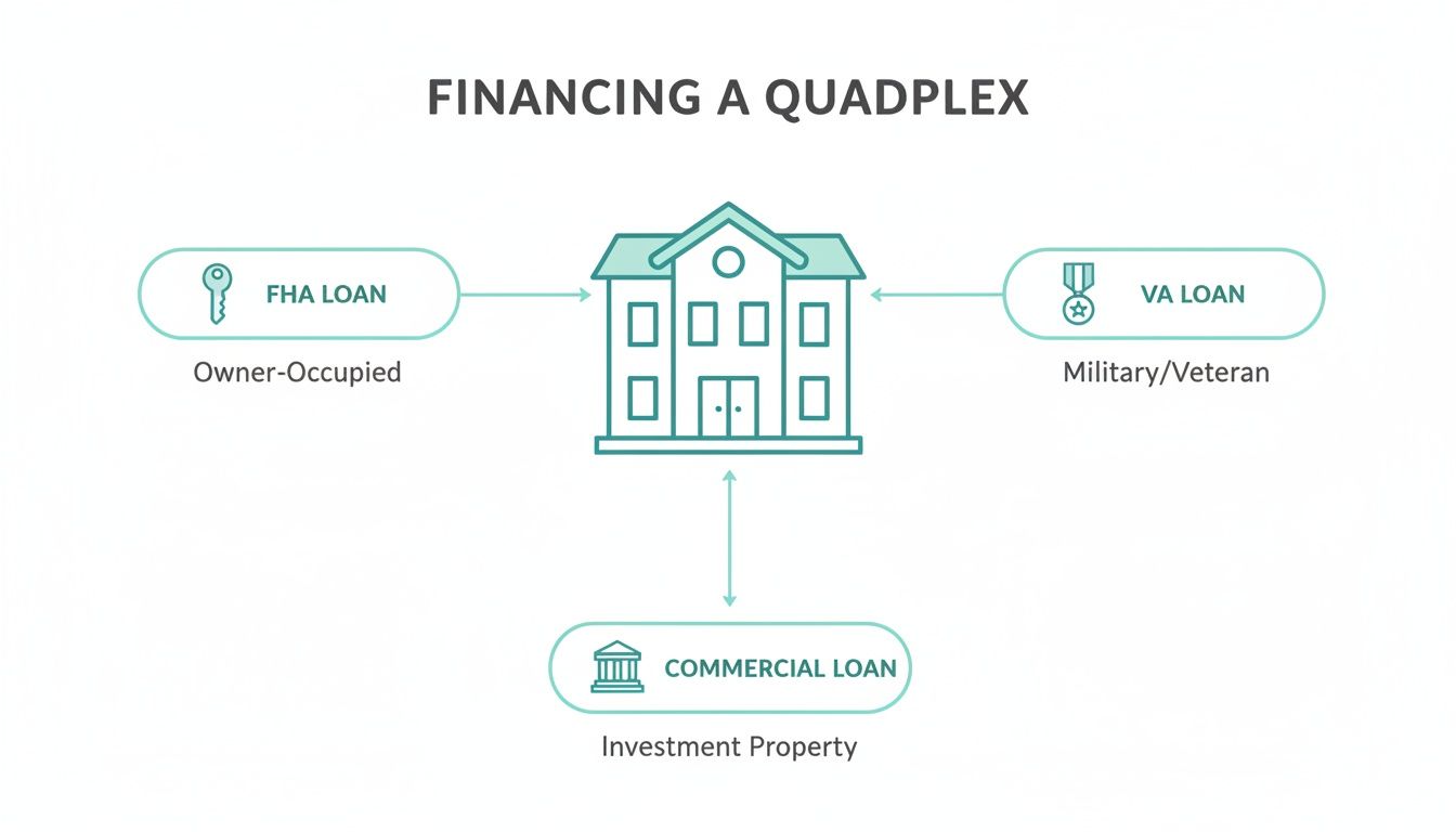 Diagram illustrating financing options for a quadplex using FHA, VA, and commercial loans.