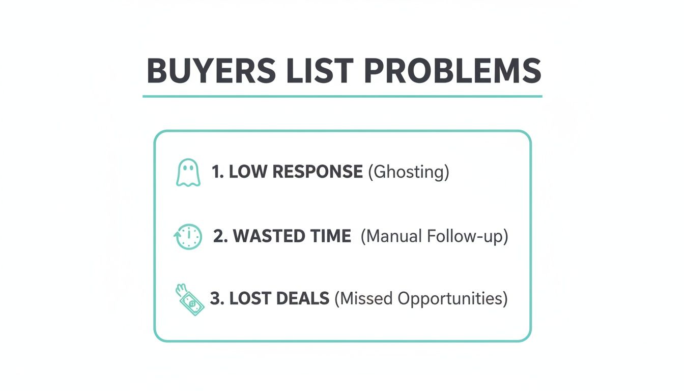 Infographic illustrating common buyers list problems like low response, wasted time, and lost deals.