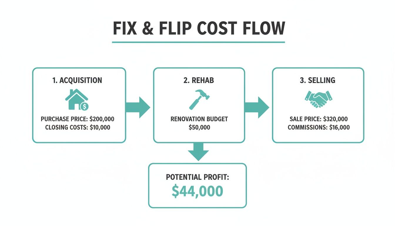 A diagram illustrating the financial flow and potential profit of a fix and flip property.
