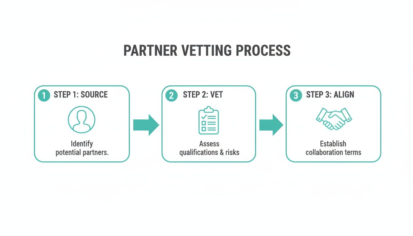 A three-step diagram illustrating the partner vetting process: source, vet, and align.