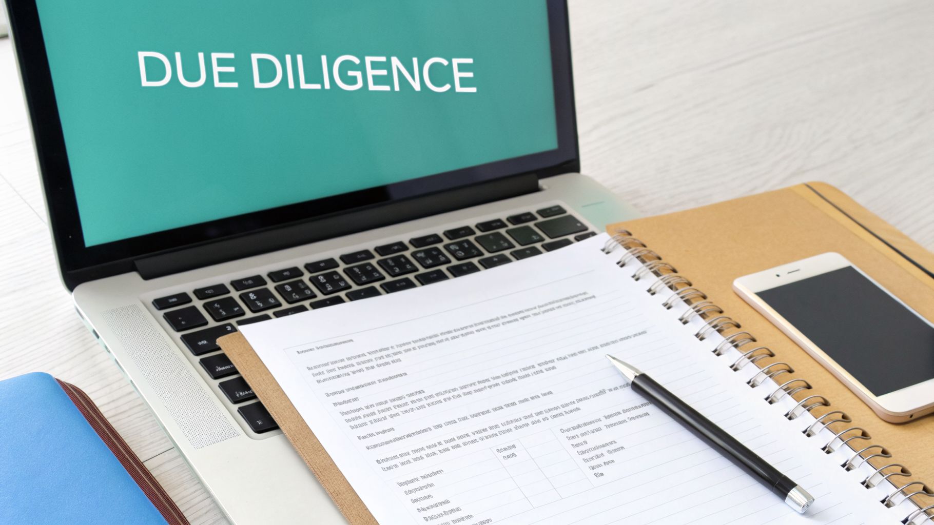 A laptop screen displays 'DUE DILIGENCE' alongside a notebook, pen, and smartphone on a wooden desk.