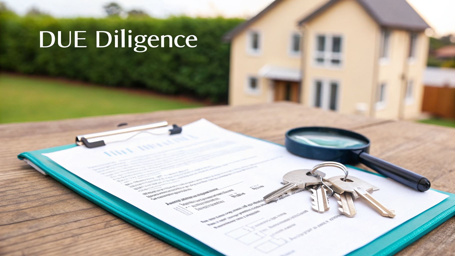 Clipboard with a document, house keys, and a magnifying glass for real estate due diligence.