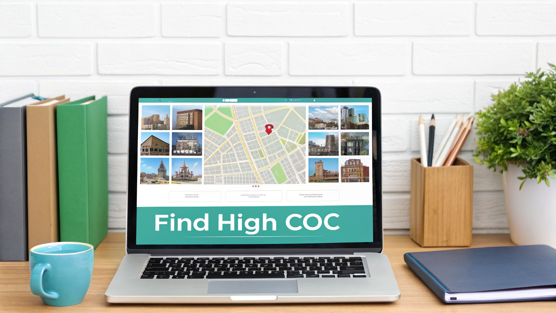 Laptop displaying a property search website with a map, property images, and 'Find High COC' text on a desk.