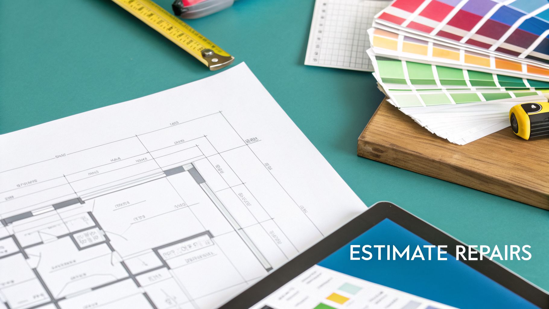 A top-down view of architectural plans, color swatches, and a tablet showing 'ESTIMATE REPAIRS'.