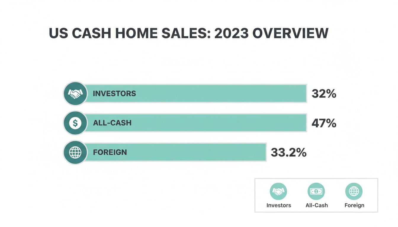 Overview of US cash home sales in 2023, showing percentages for investors, all-cash, and foreign buyers.