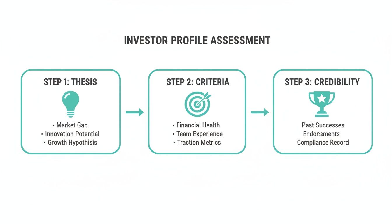 A three-step flowchart outlining the investor profile assessment process: Thesis, Criteria, and Credibility.