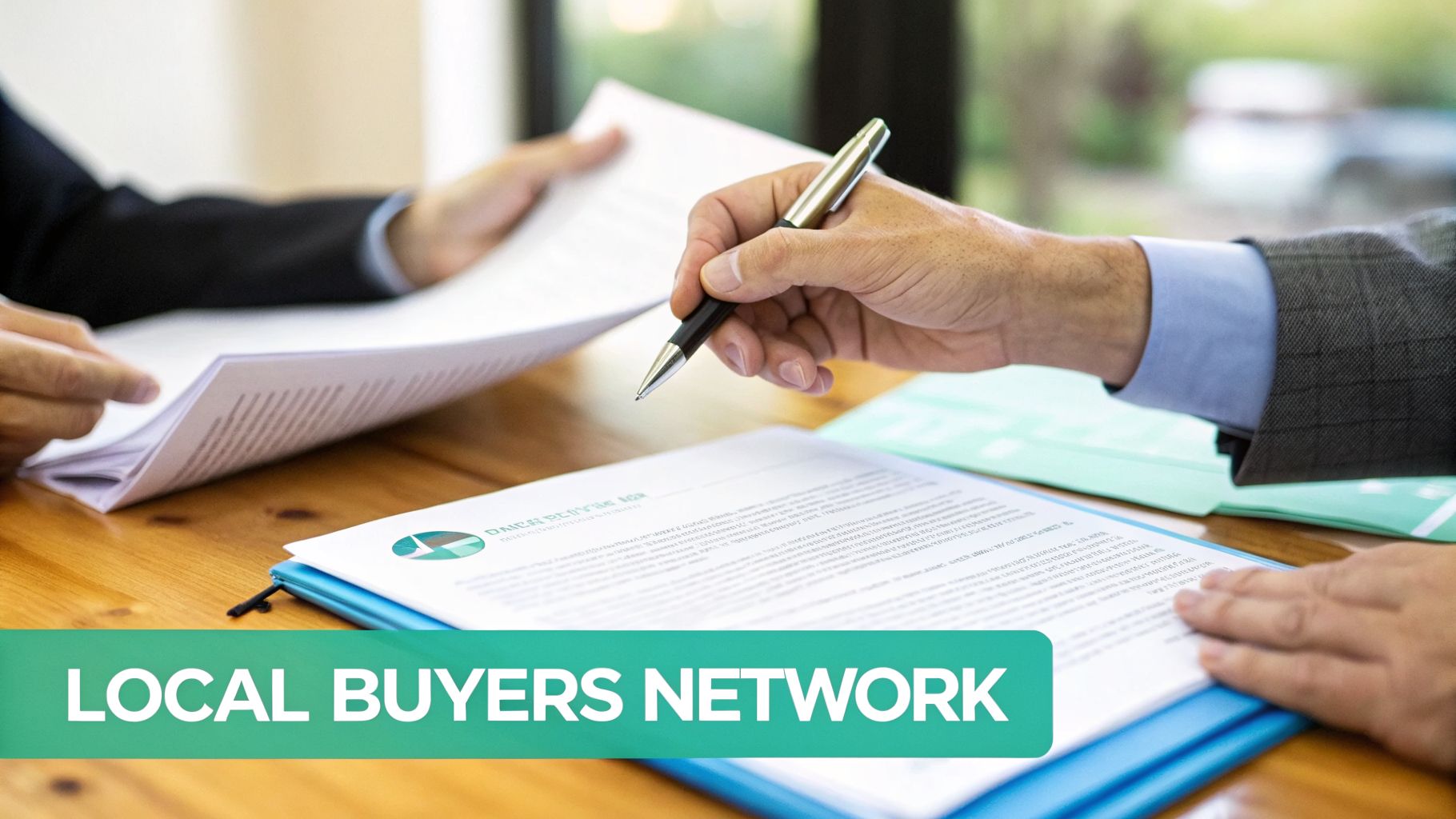 Two business professionals review documents, one holding a pen, at a meeting for a local buyers network.