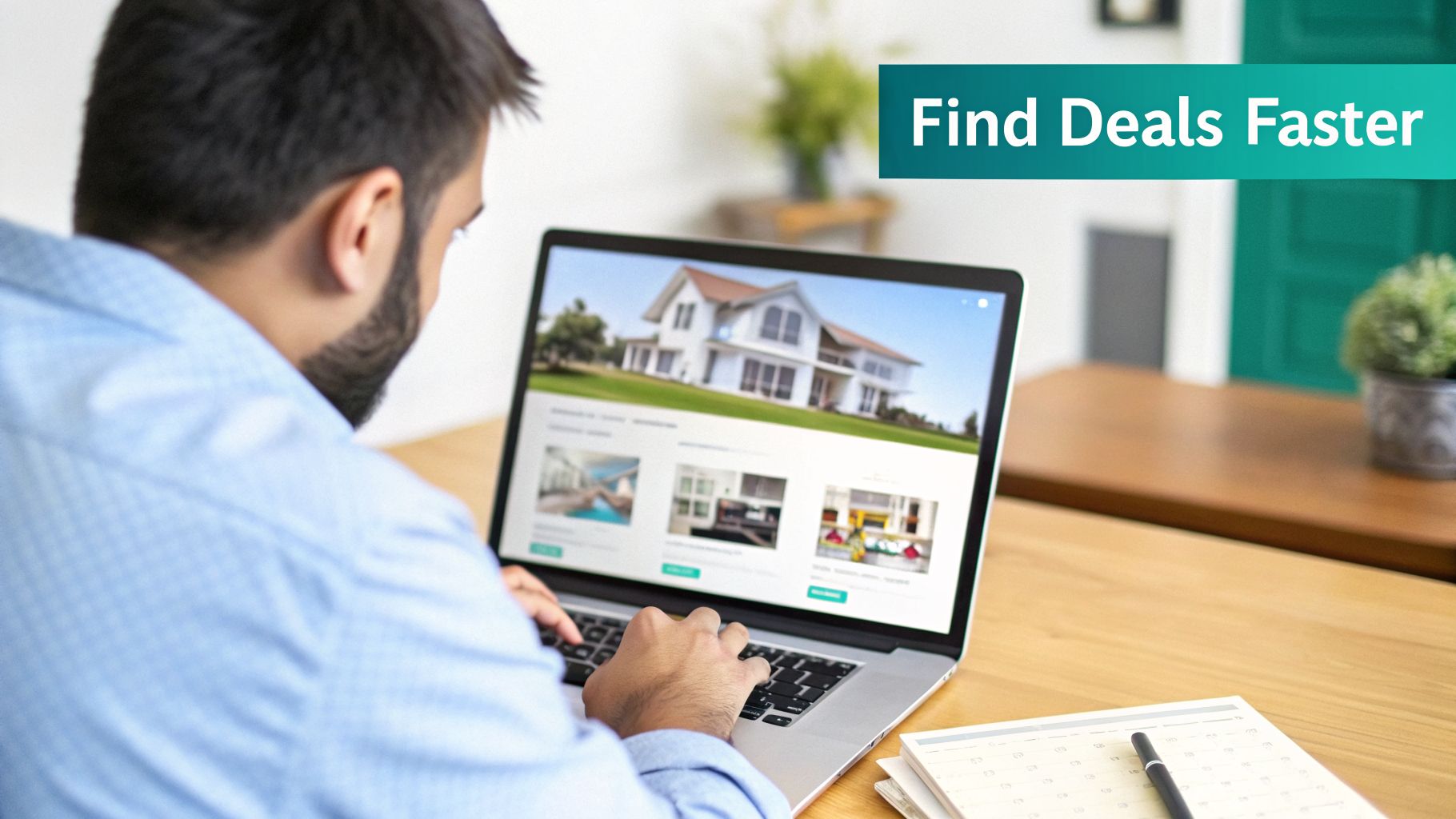 A man views real estate listings on a laptop, with the text 'Find Deals Faster' on screen.