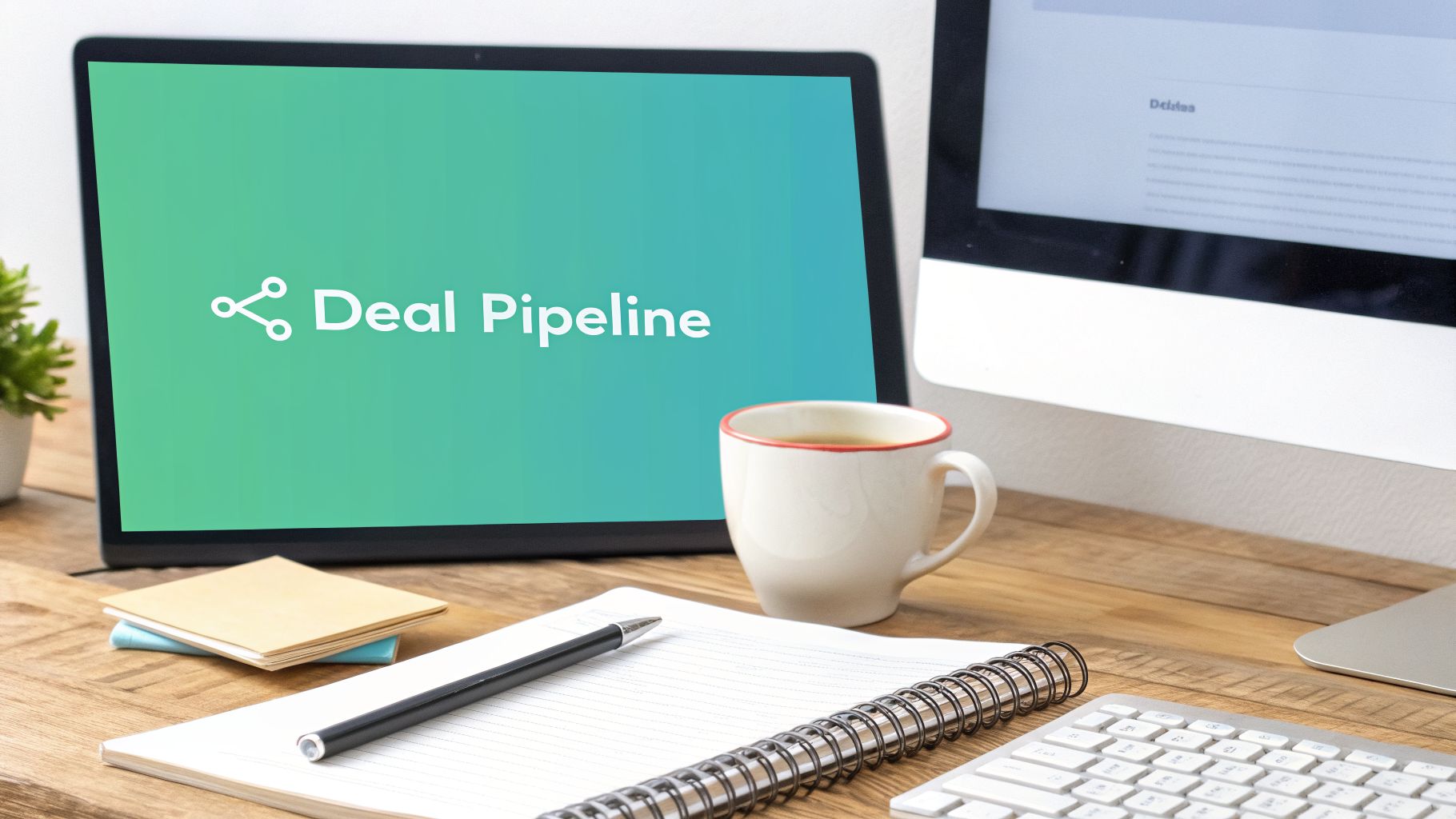 A laptop showing 'Deal Pipeline' logo and text, with a coffee cup and notebook on a wooden desk.