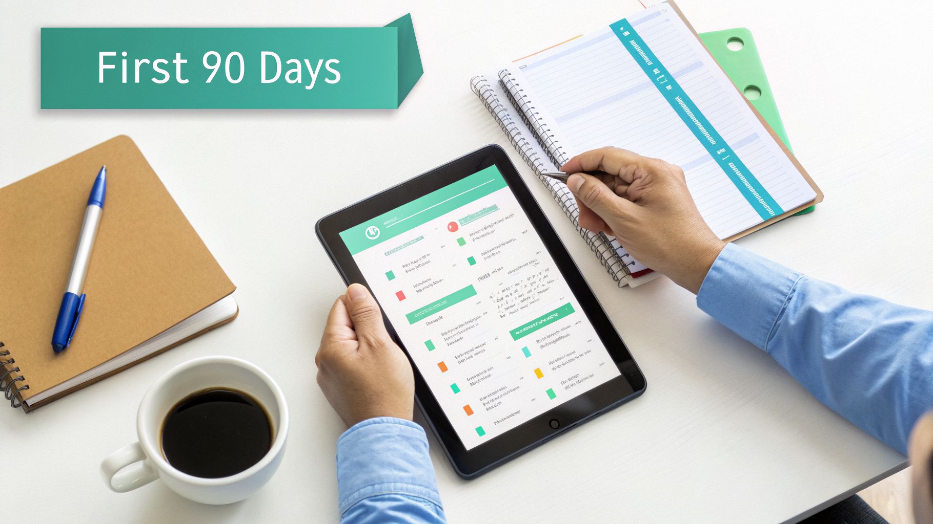 A person works on a tablet displaying charts, with a notebook, pen, and coffee on a desk, and a 'First 90 Days' banner.