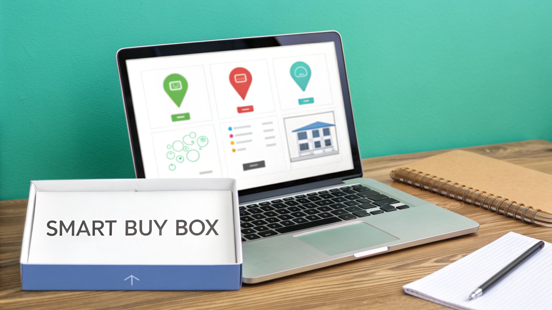 A laptop displays real estate investment metrics, with a 'SMART BUY BOX' on a wooden desk.
