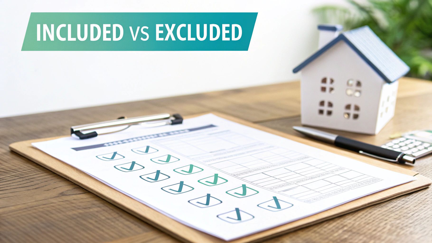 A checklist on a clipboard with checkmarks, a house model, and a pen, illustrating included vs. excluded items in real estate.