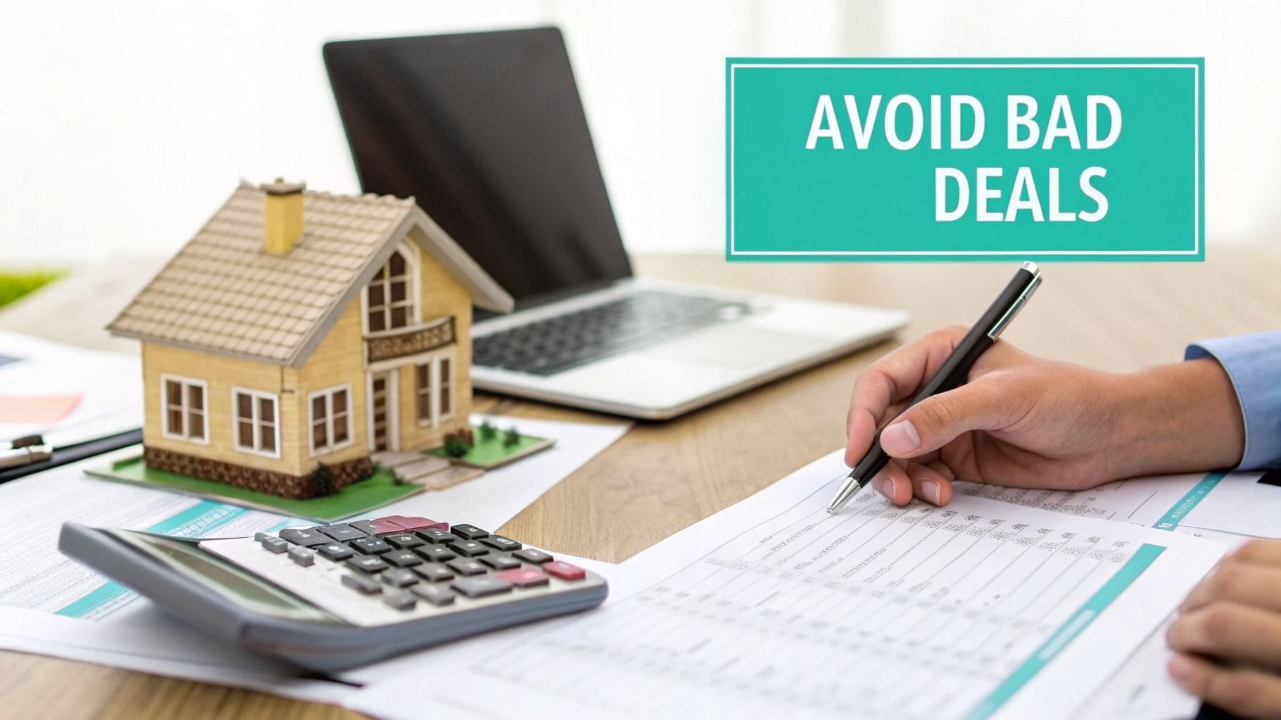A person calculates real estate costs with a miniature house, laptop, and calculator, focused on avoiding bad deals.