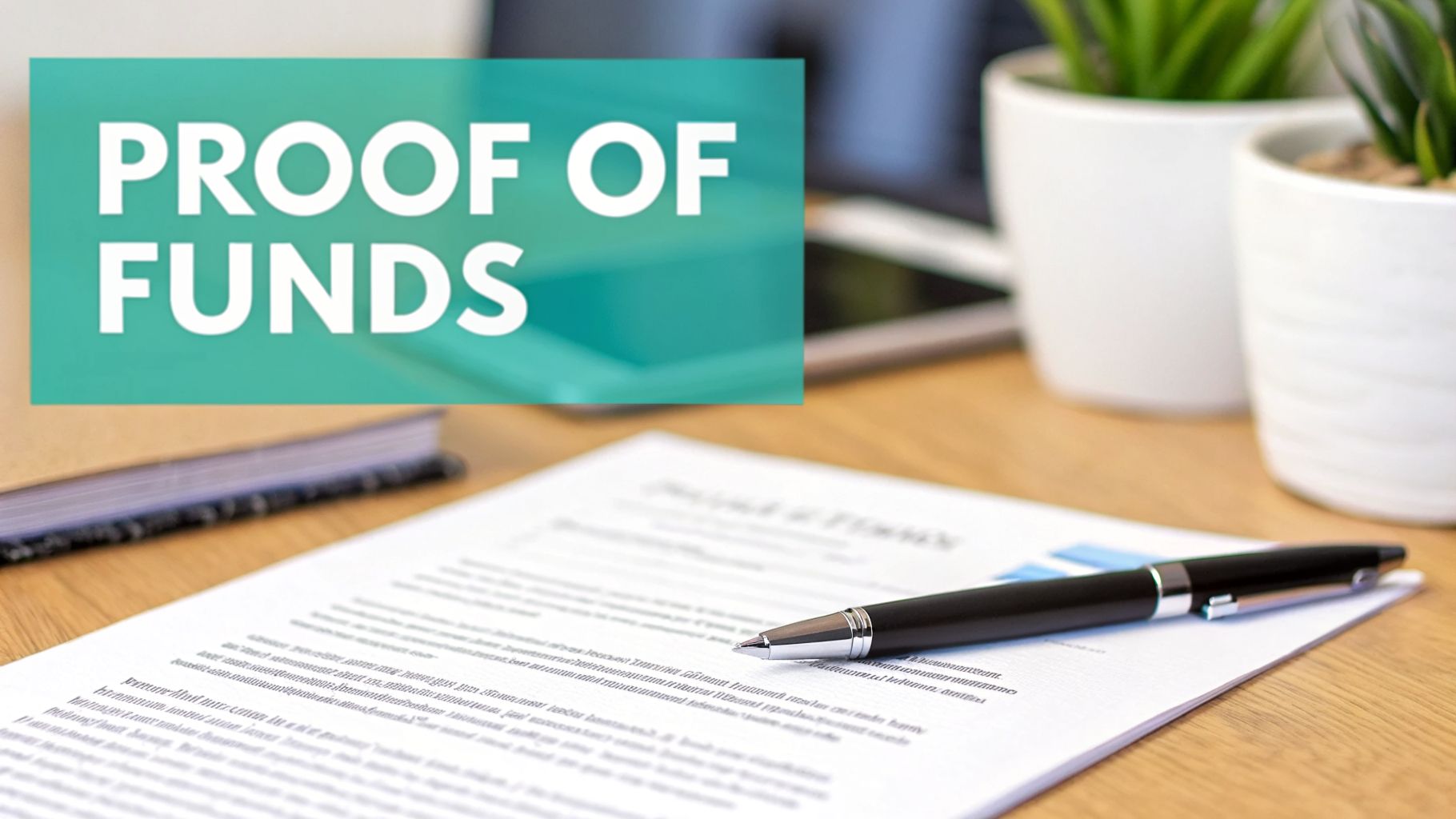 A document labeled 'Proof of Funds' with a pen resting on it, on a wooden office desk.