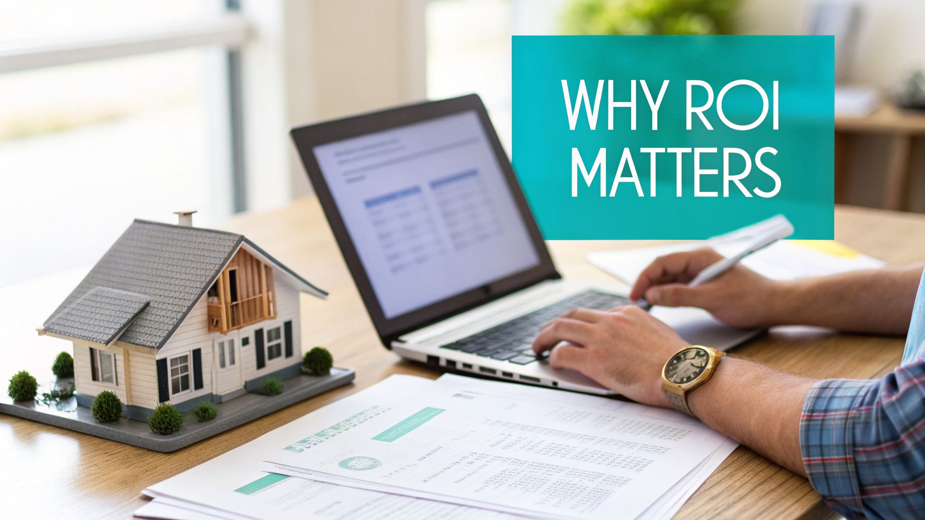 A person calculates ROI on a rental property using a laptop, financial documents, and a house model.
