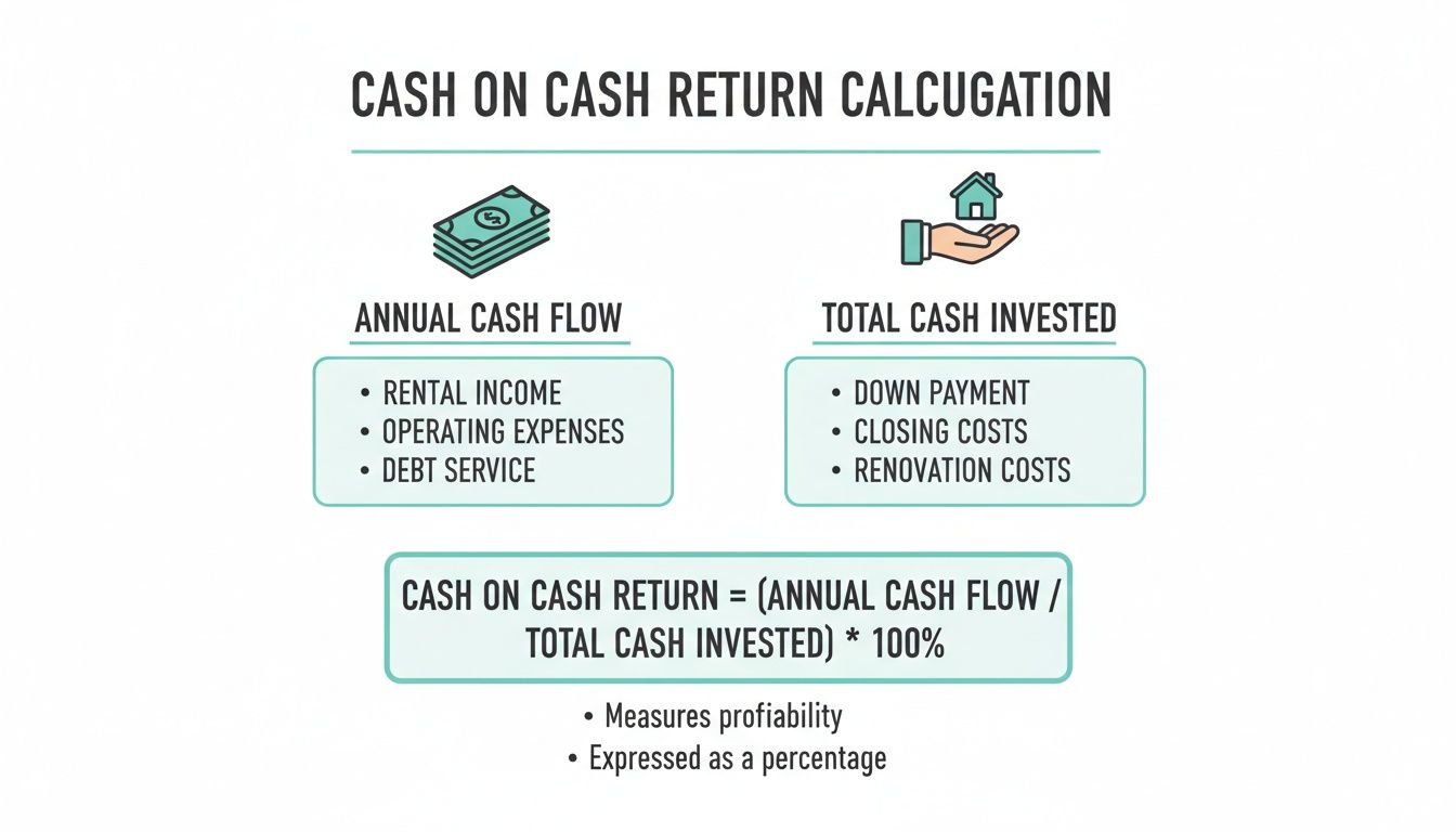 An infographic explaining the cash on cash return calculation, detailing components for annual cash flow and total cash invested.
