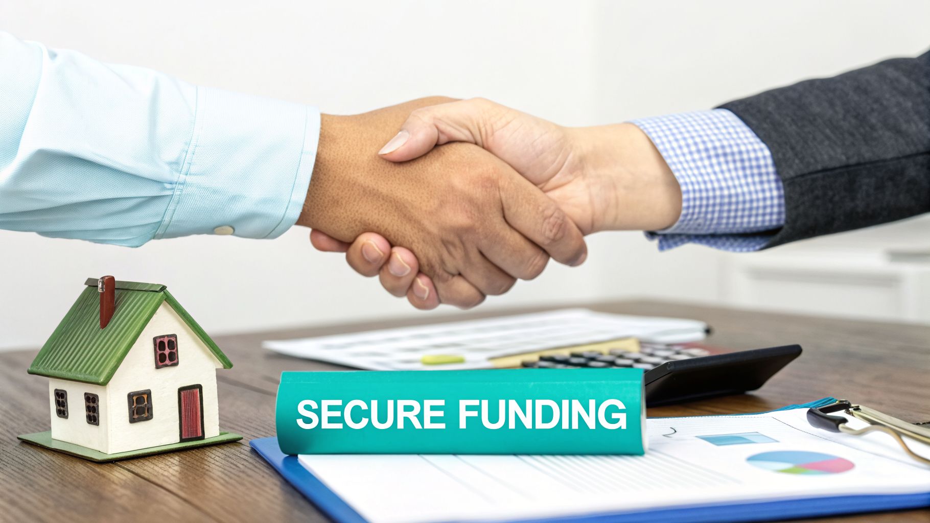 Two people shaking hands over a house model and 'SECURE FUNDING' text on a table.