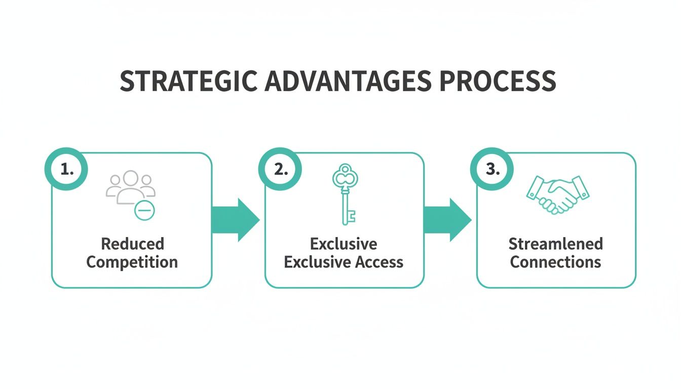 A three-step strategic advantages process showing reduced competition, exclusive access (key icon), and streamlined connections (handshake icon).