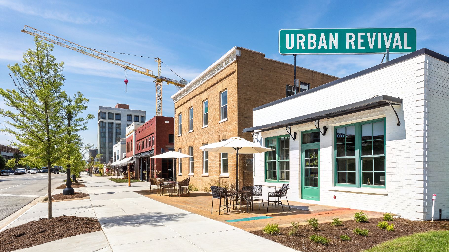 Urban street scene with renovated buildings, outdoor cafe seating, trees, and a construction crane, symbolizing urban revival.