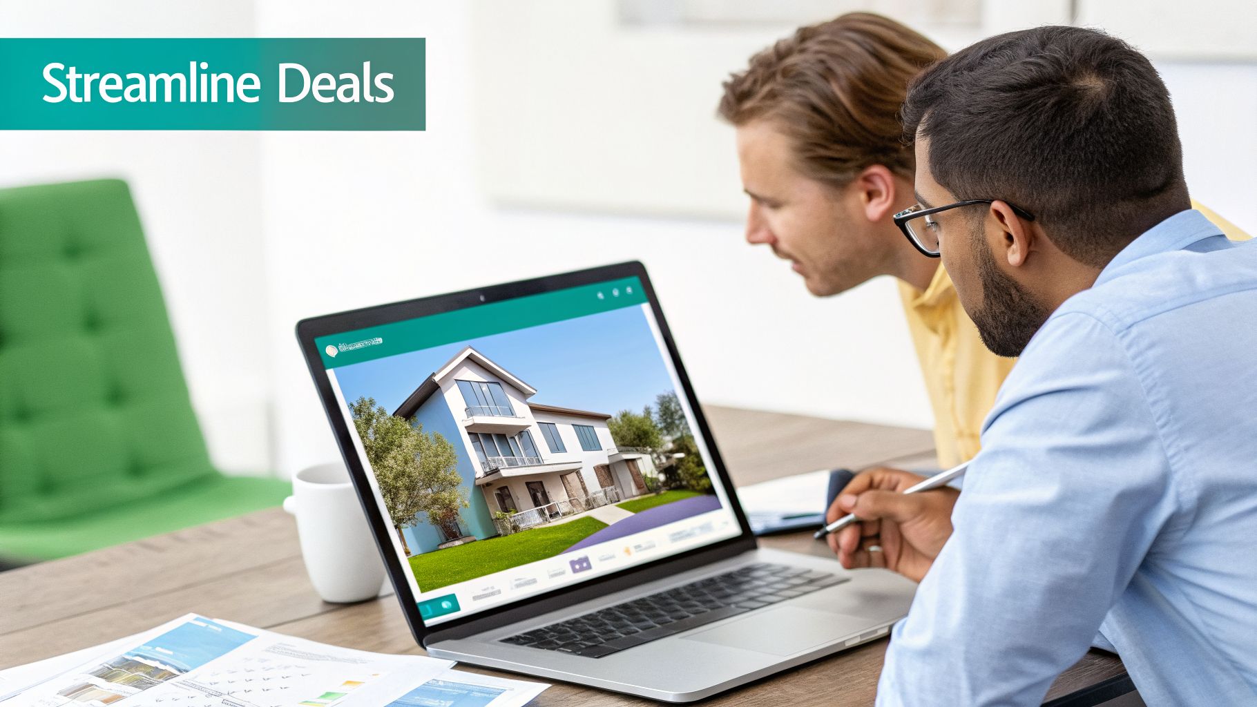 Two men collaborate on a laptop, viewing a modern house on screen, discussing property deals.