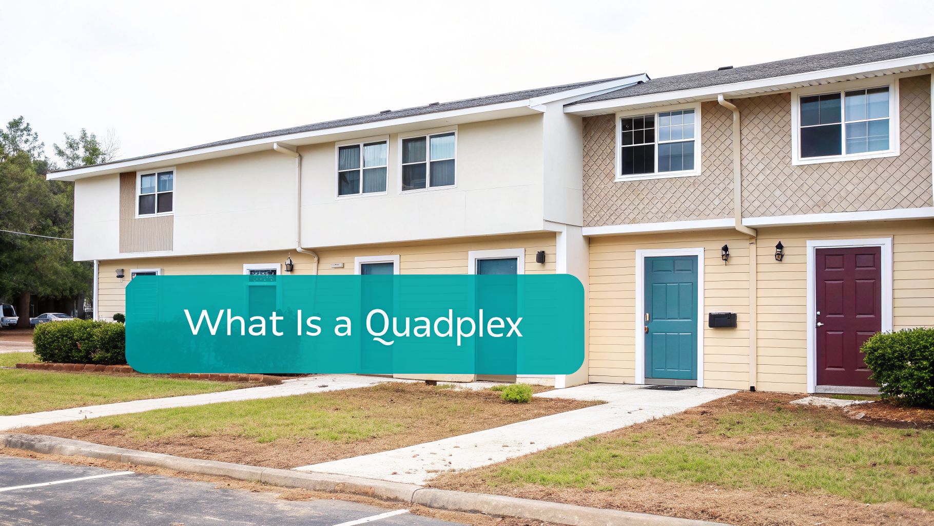A beige multi-unit quadplex building with four separate entrances and green landscaping.