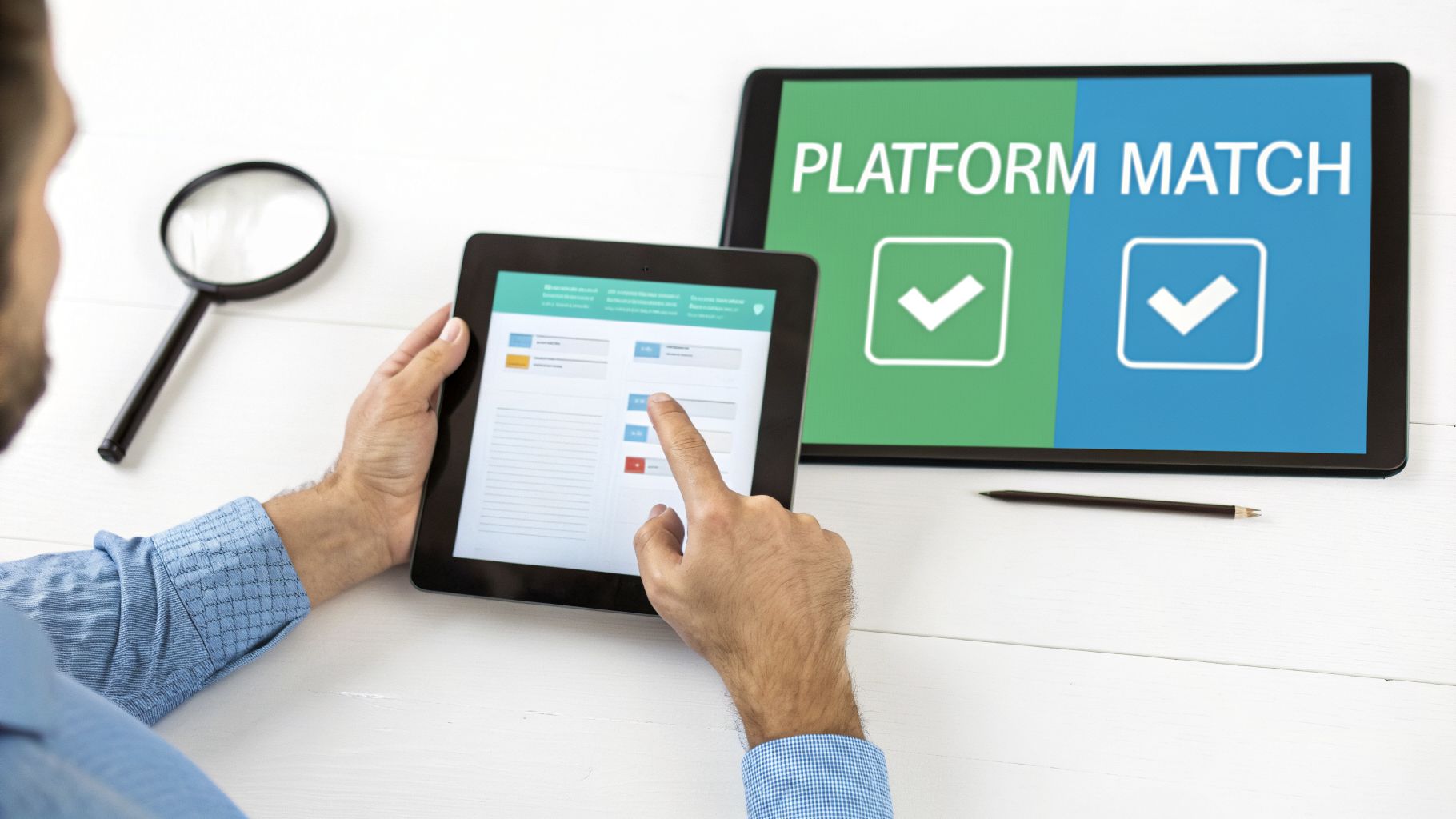 A man uses a tablet to select options, with another tablet showing 'PLATFORM MATCH' and checkmarks.