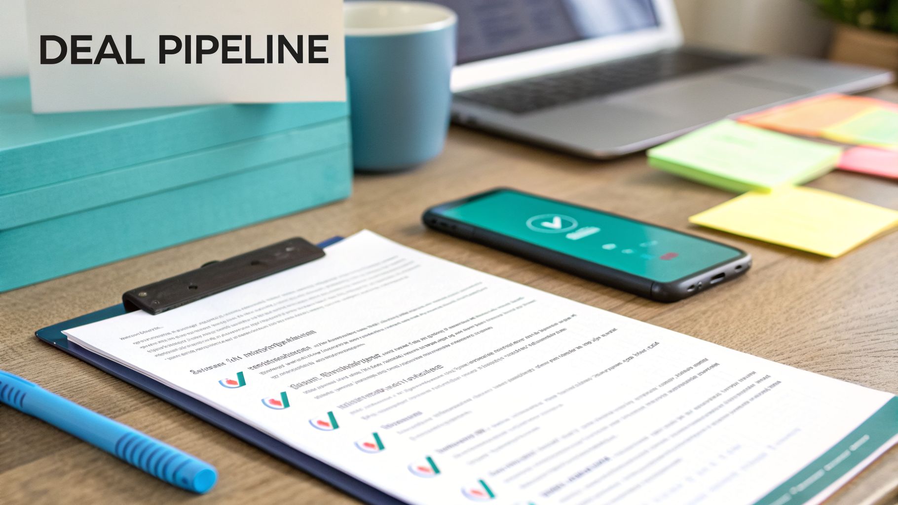 A desk with a 'DEAL PIPELINE' sign, a clipboard, smartphone, laptop, and sticky notes, representing business strategy.