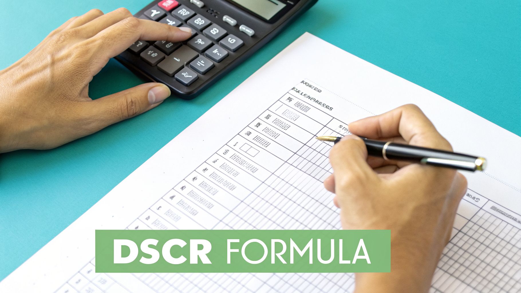 A person uses a calculator and writes on a financial worksheet for DSCR formula.