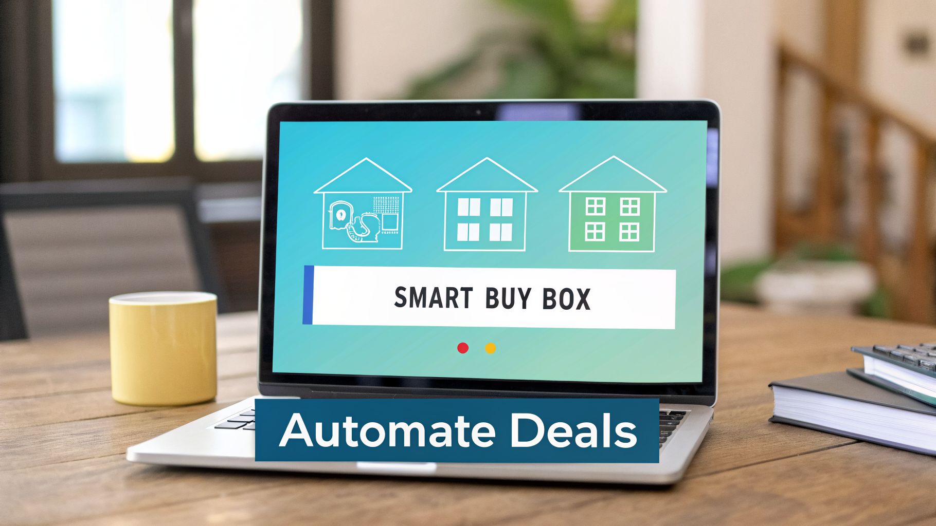 A laptop on a wooden desk displaying 'SMART BUY BOX' with house icons and 'Automate Deals'.