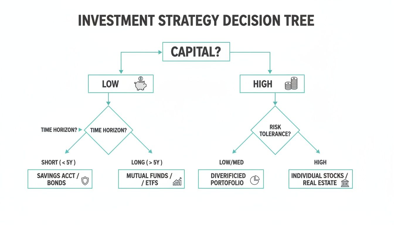 A decision tree flowchart guides investment strategies based on capital, time horizon, and risk tolerance.