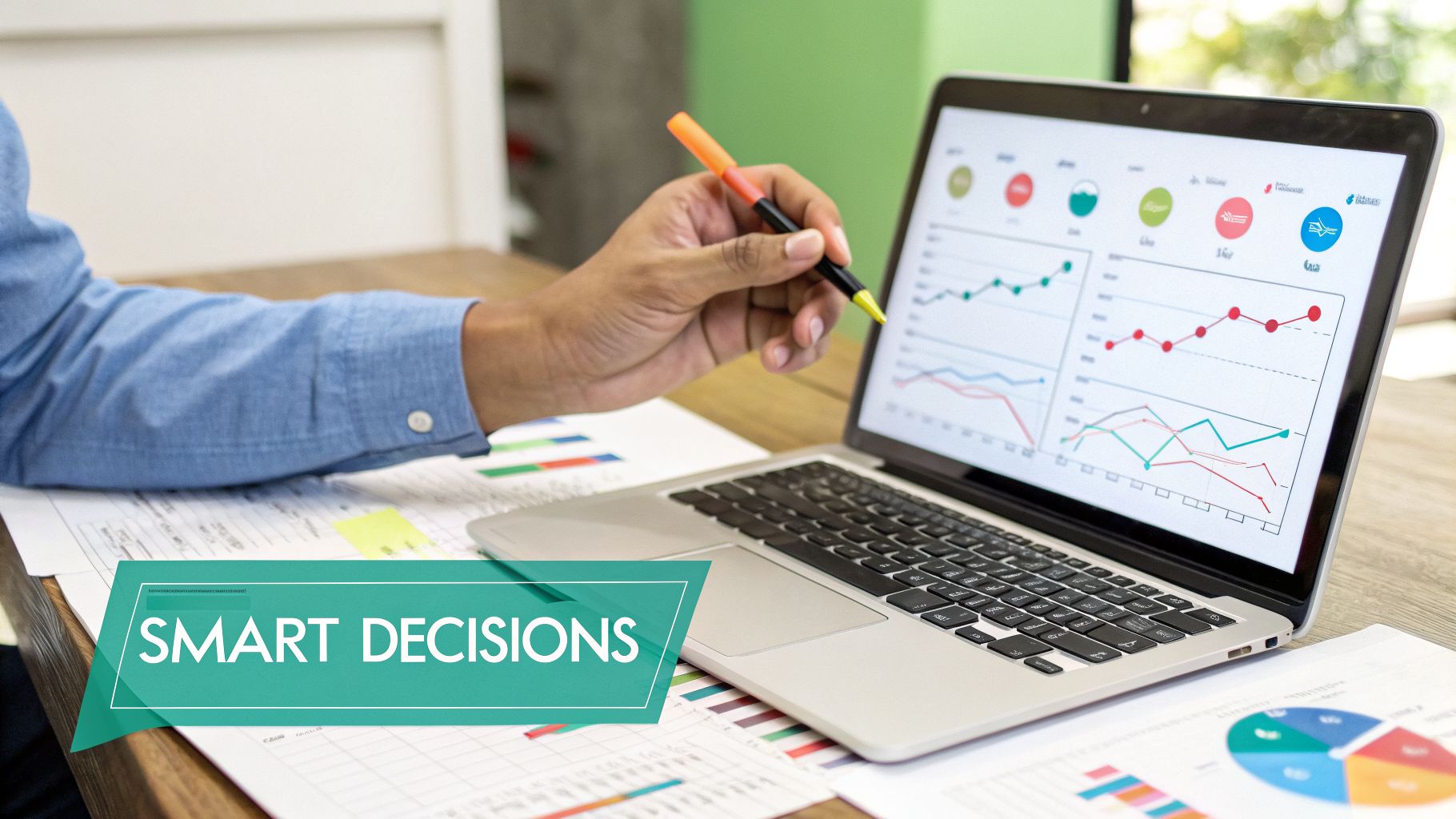 A person analyzes charts and graphs on a laptop screen, making smart business decisions.