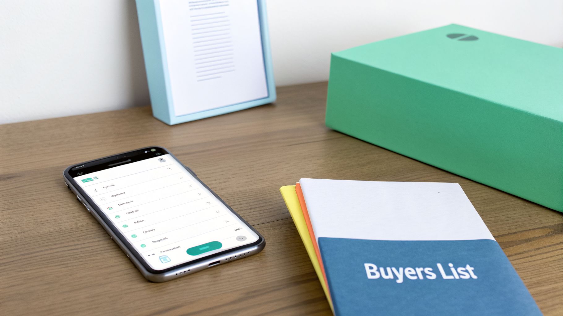 A smartphone displaying an app, 'Buyers List' notebook, a green box, and a framed document on a wooden desk.