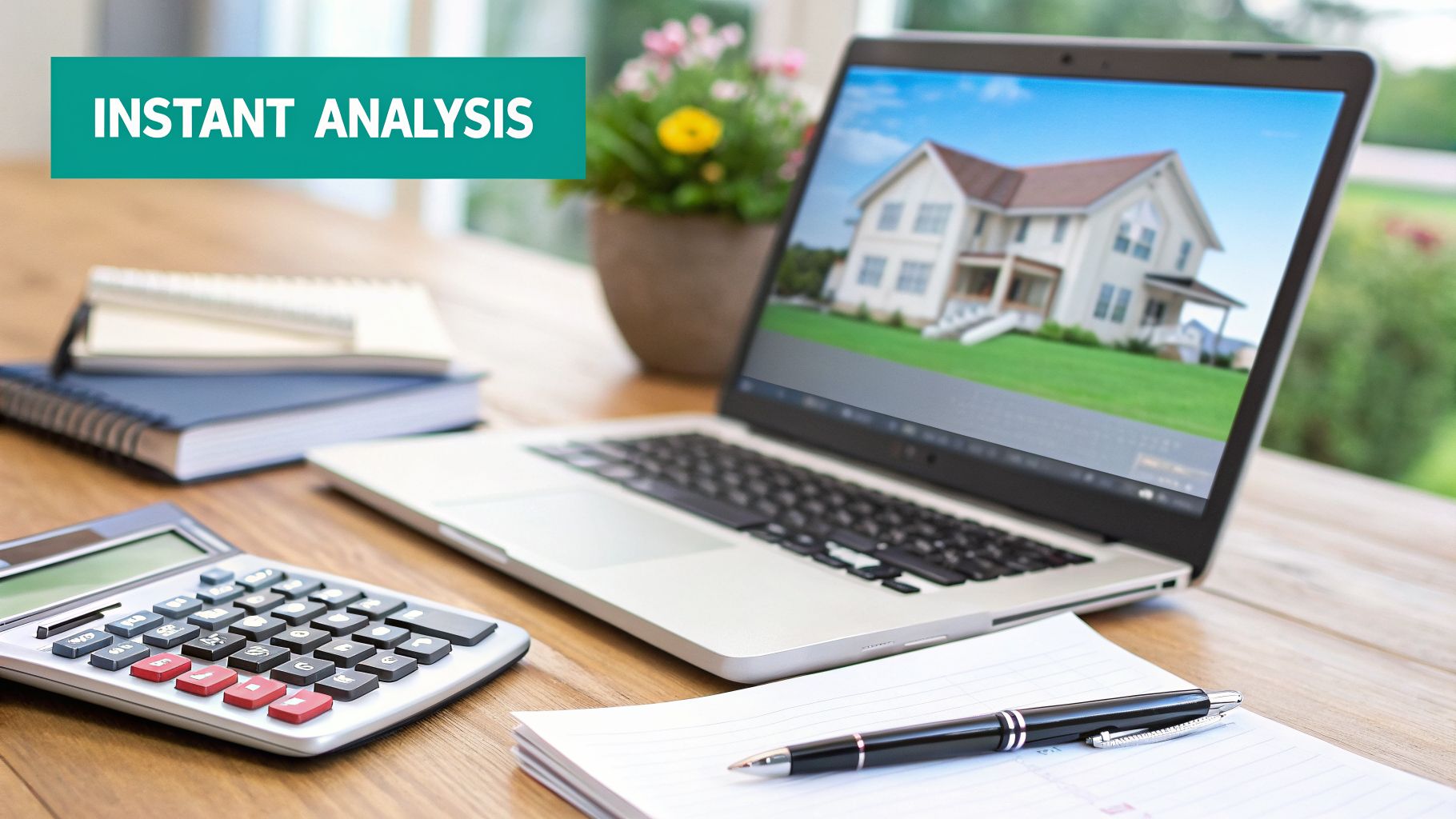 Desk setup with a laptop displaying a house, a calculator, notebooks, and a pen for real estate financial analysis.