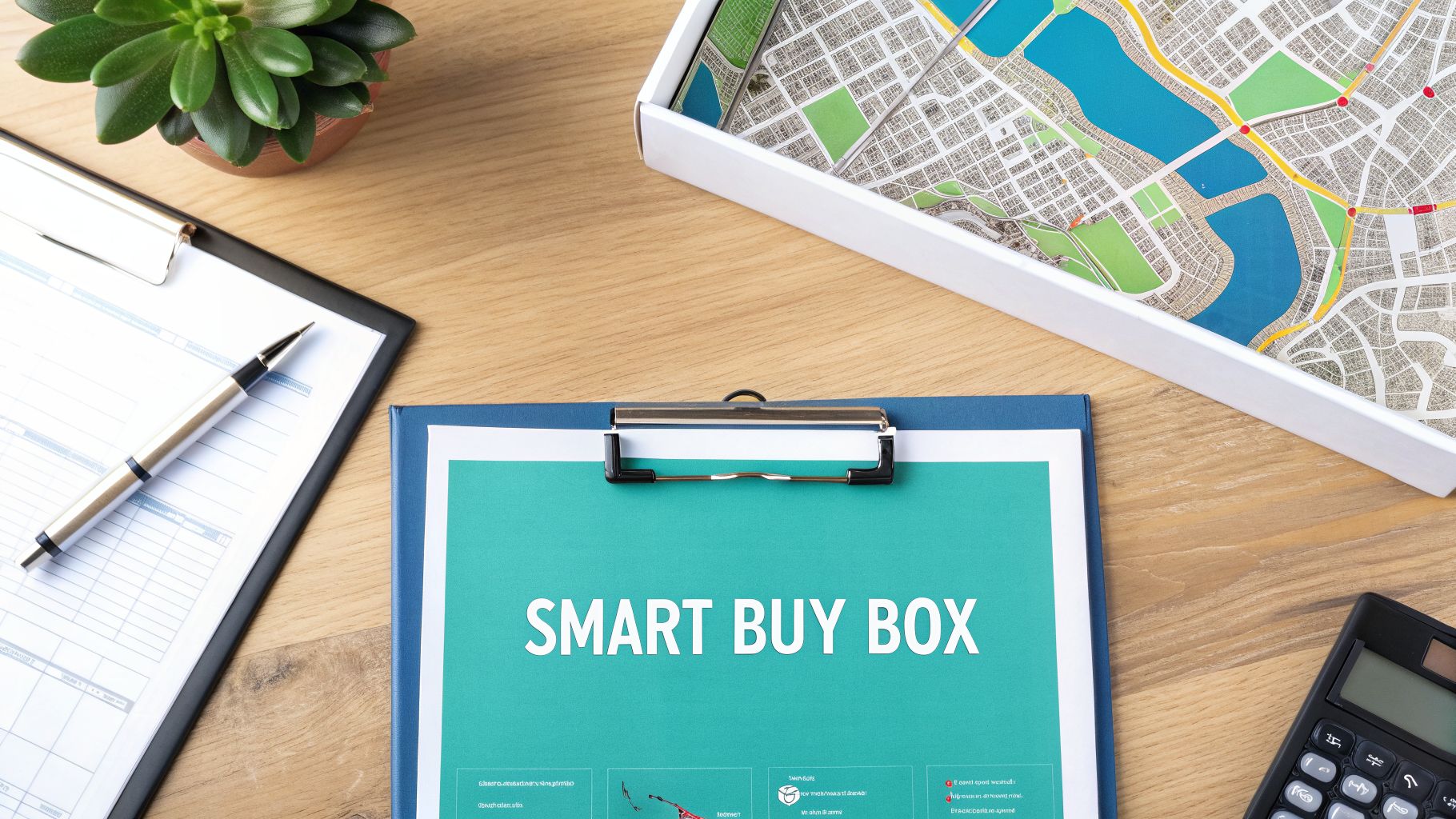 Overhead view of a desk with a 'SMART BUY BOX' document, map, clipboard, pen, plant, and calculator.