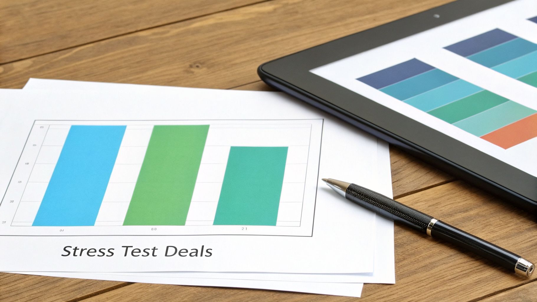 Financial charts on paper and a tablet with a pen on a wooden desk, analyzing stress test deals.