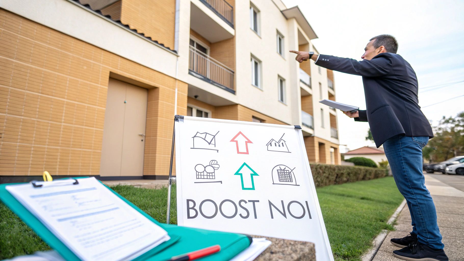 Real estate agent points at apartment building, next to a 'BOOST NOI' sign and clipboard.