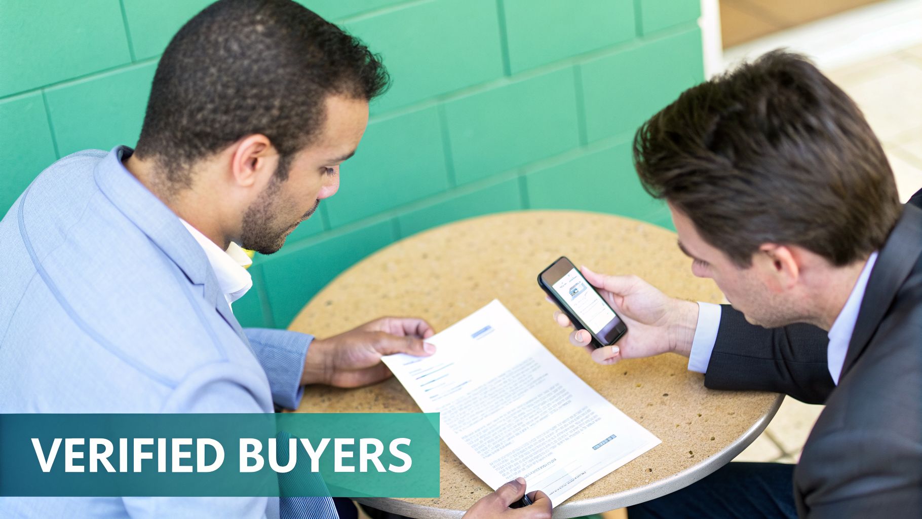 Two men reviewing a document and a smartphone at a cafe table, with 'VERIFIED BUYERS' overlay.