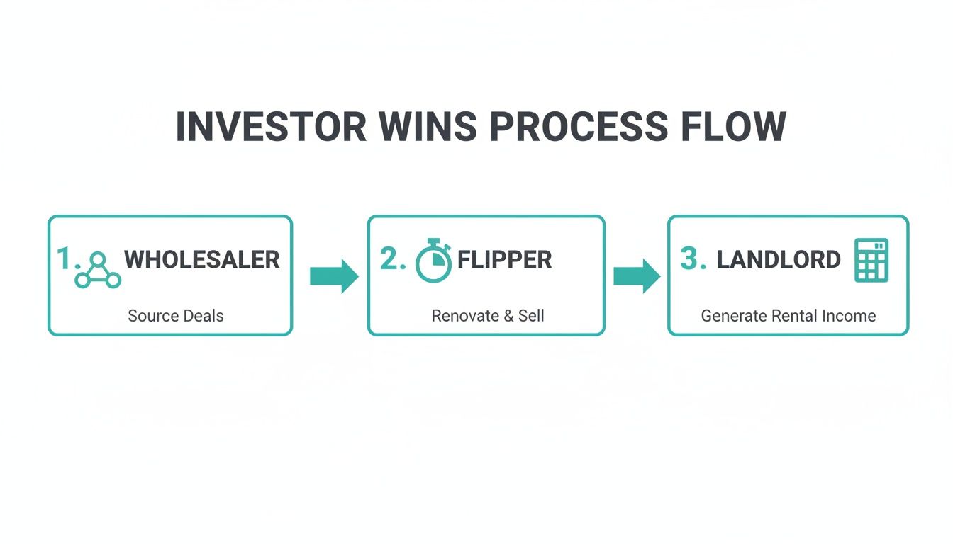 A diagram illustrating the investor wins process flow: Wholesaler, Flipper, and Landlord roles.