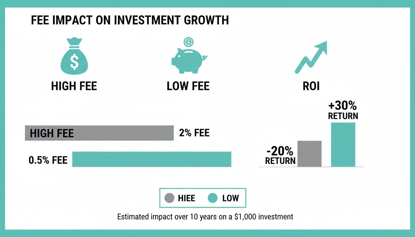 Chart comparing high (2%) and low (0.5%) investment fees, showing their impact on ROI.