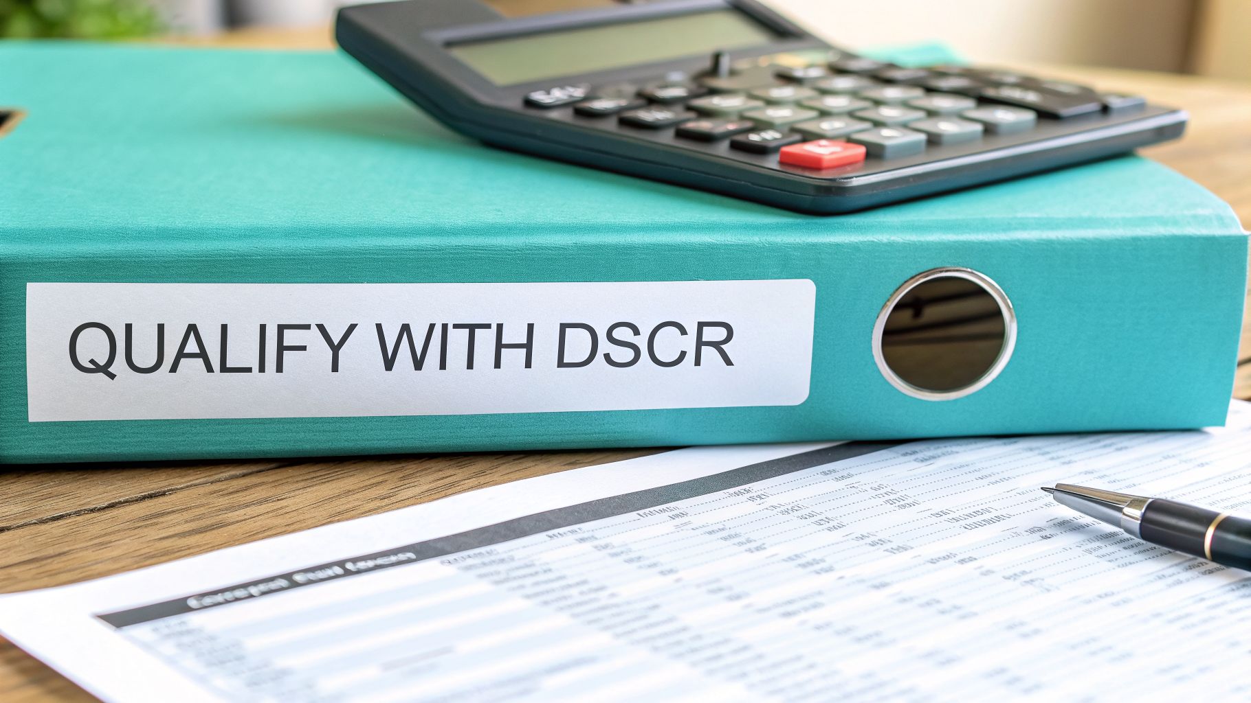 A teal binder labeled "QUALIFY WITH DSCR" on a wooden desk with a calculator, pen, and financial document.