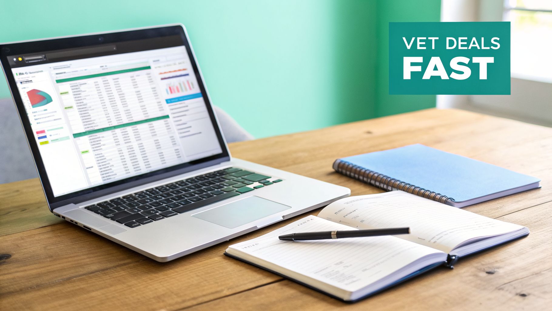 A laptop displaying financial data and charts, with open notebooks and a pen on a wooden desk. A 'VET DEALS FAST' banner is in the top right.